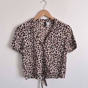 H&M Dividend Leopard Print Tie Front Button Up Top Blouse